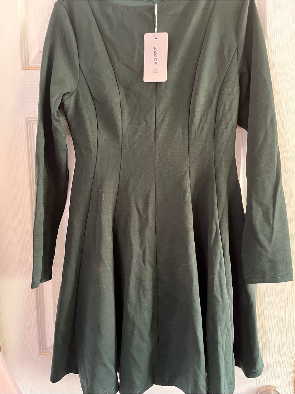 Zesica Dark Green Long Sleeve Fit-and-Flare Dress